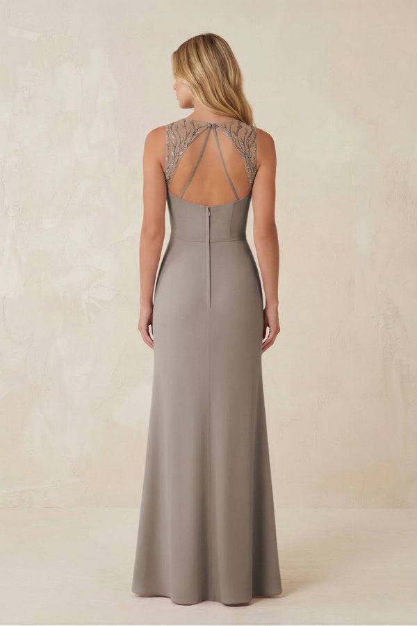 Round Neck Sheath Chiffon Appliqued Bridesmaid Dress in Frost (2) | KISSBRIDAL