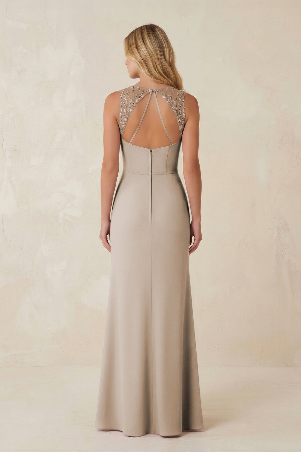 Round Neck Sheath Chiffon Appliqued Bridesmaid Dress in Frost - KISS BRIDAL Bridesmaid Dresses