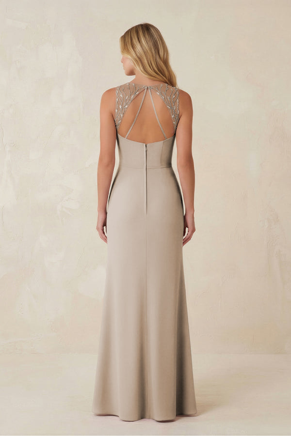 Round Neck Sheath Chiffon Appliqued Bridesmaid Dress in Frost - KISS BRIDAL Bridesmaid Dresses