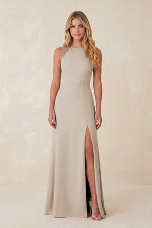 Round Neck Sheath Chiffon Appliqued Bridesmaid Dress in Frost - KISS BRIDAL Bridesmaid Dresses