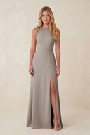 Round Neck Sheath Chiffon Appliqued Bridesmaid Dress in Frost | KISSBRIDAL