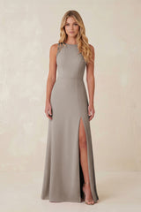 Round Neck Sheath Chiffon Appliqued Bridesmaid Dress in Frost | KISSBRIDAL