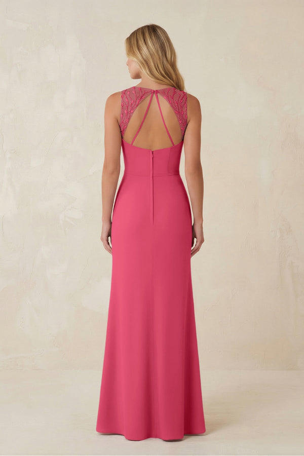 Round Neck Sheath Chiffon Appliqued Bridesmaid Dress in Fuchsia - KISS BRIDAL Bridesmaid Dresses
