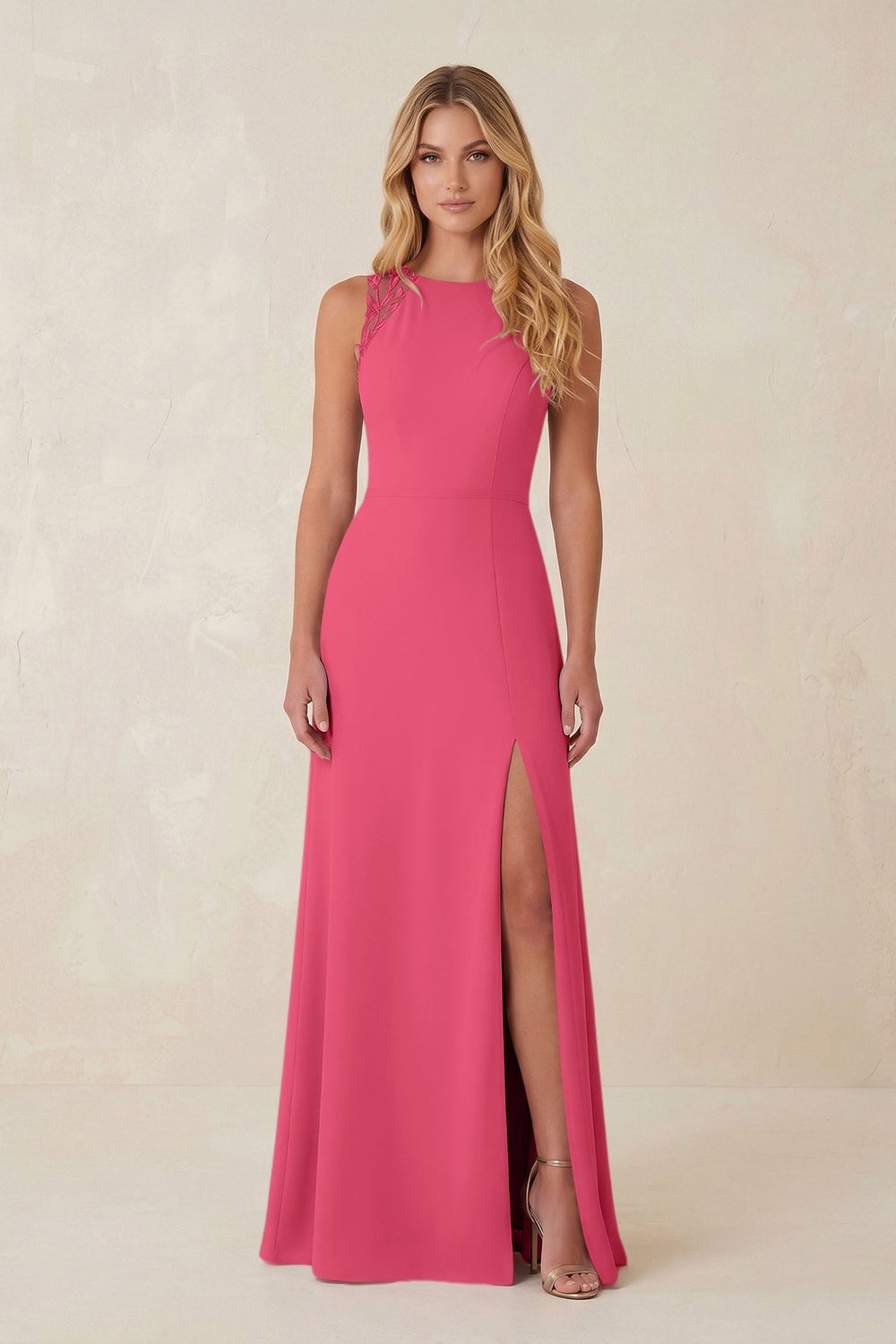 Round Neck Sheath Chiffon Appliqued Bridesmaid Dress in Fuchsia - KISS BRIDAL Bridesmaid Dresses
