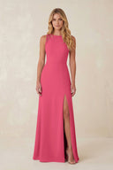Round Neck Sheath Chiffon Appliqued Bridesmaid Dress in Fuchsia - KISS BRIDAL Bridesmaid Dresses