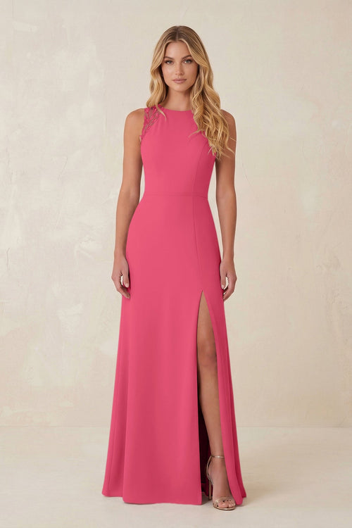 Round Neck Sheath Chiffon Appliqued Bridesmaid Dress in Fuchsia - KISS BRIDAL Bridesmaid Dresses