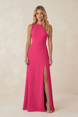 Round Neck Sheath Chiffon Appliqued Bridesmaid Dress in Fuchsia | KISSBRIDAL