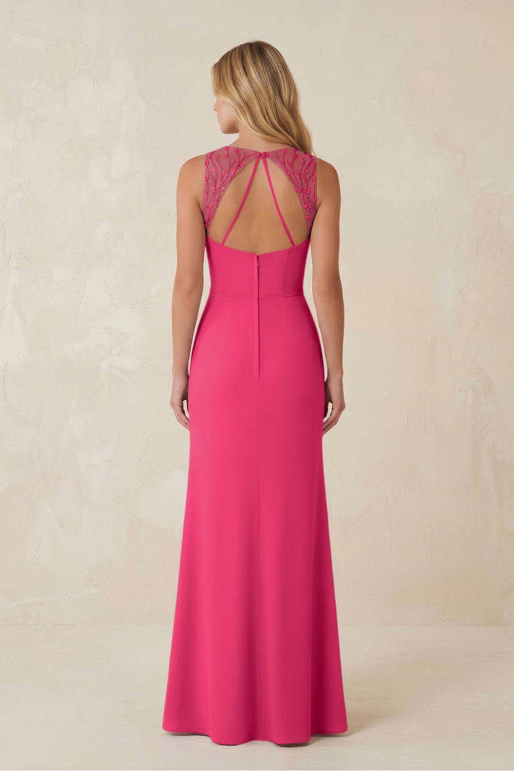 Round Neck Sheath Chiffon Appliqued Bridesmaid Dress in Fuchsia