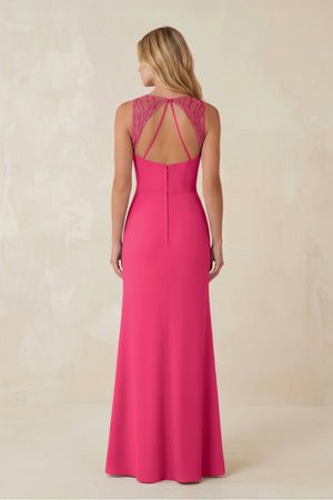 Round Neck Sheath Chiffon Appliqued Bridesmaid Dress in Fuchsia | KISSBRIDAL
