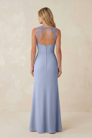 Round Neck Sheath Chiffon Appliqued Bridesmaid Dress in Ice (2) | KISSBRIDAL