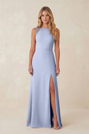 Round Neck Sheath Chiffon Appliqued Bridesmaid Dress in Ice | KISSBRIDAL
