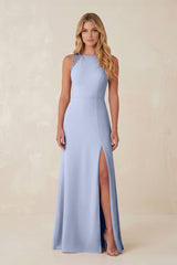 Round Neck Sheath Chiffon Appliqued Bridesmaid Dress in Ice | KISSBRIDAL