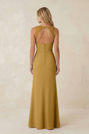 Round Neck Sheath Chiffon Appliqued Bridesmaid Dress in Marigold (2) | KISSBRIDAL