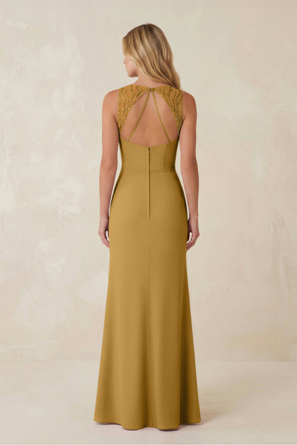 Round Neck Sheath Chiffon Appliqued Bridesmaid Dress in Marigold (2) | KISSBRIDAL