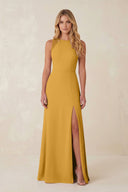 Round Neck Sheath Chiffon Appliqued Bridesmaid Dress in Marigold - KISS BRIDAL Bridesmaid Dresses