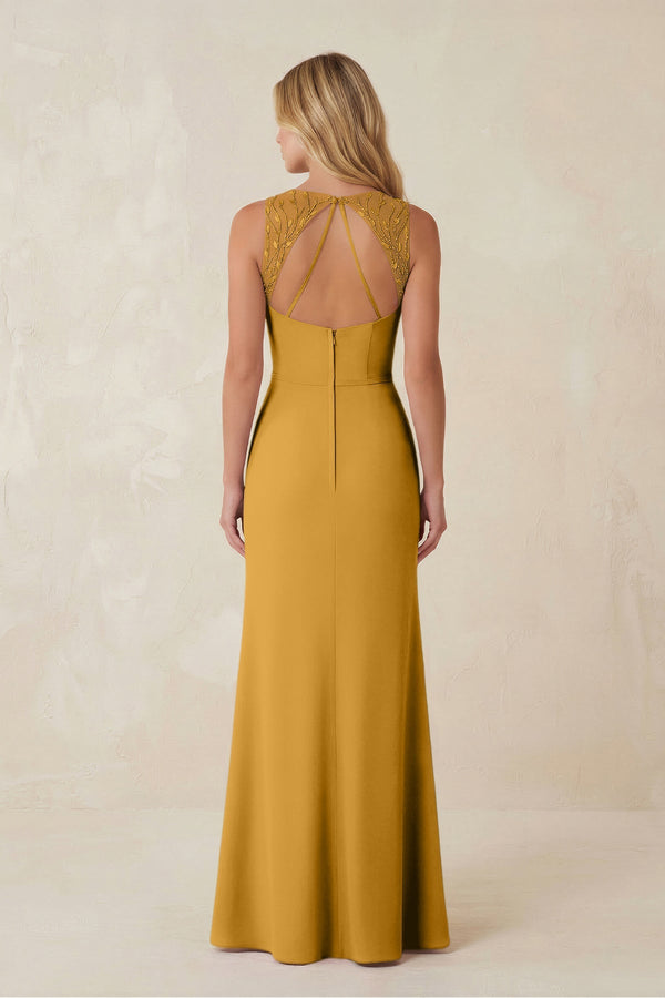 Round Neck Sheath Chiffon Appliqued Bridesmaid Dress in Marigold - KISS BRIDAL Bridesmaid Dresses
