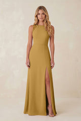 Round Neck Sheath Chiffon Appliqued Bridesmaid Dress in Marigold | KISSBRIDAL