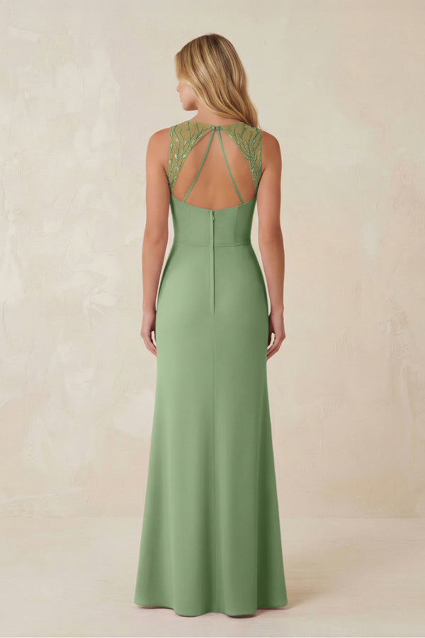 Round Neck Sheath Chiffon Appliqued Bridesmaid Dress in Matcha (2) | KISSBRIDAL