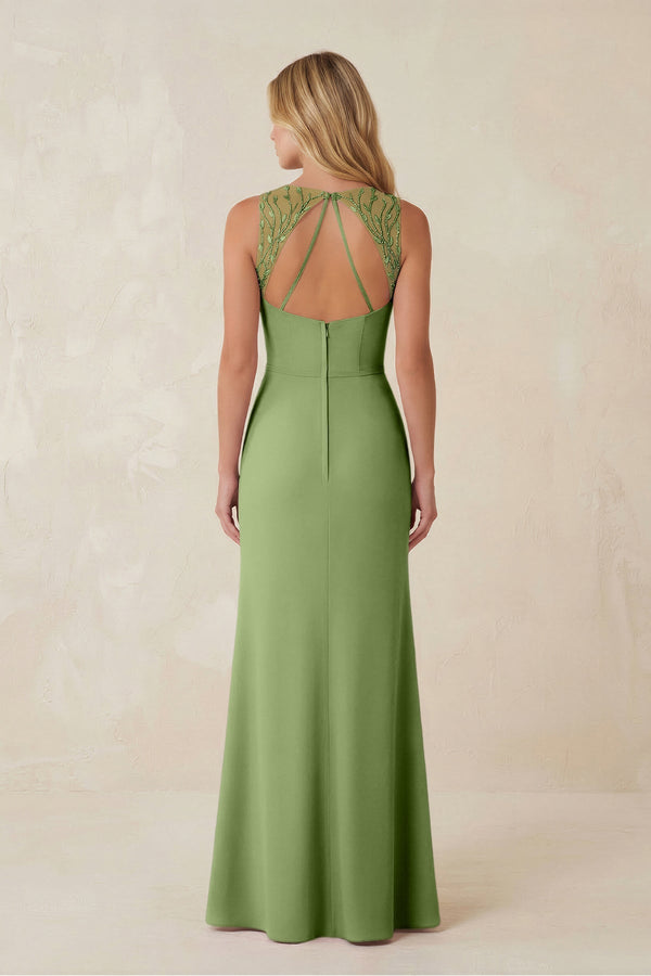 Round Neck Sheath Chiffon Appliqued Bridesmaid Dress in Matcha - KISS BRIDAL Bridesmaid Dresses