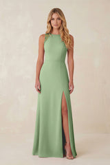 Round Neck Sheath Chiffon Appliqued Bridesmaid Dress in Matcha | KISSBRIDAL