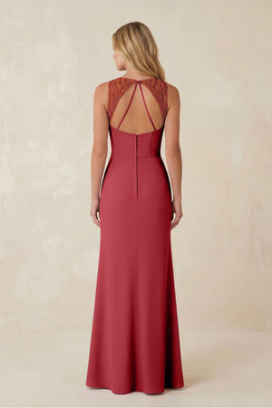 Round Neck Sheath Chiffon Appliqued Bridesmaid Dress in Merlot - KISS BRIDAL Bridesmaid Dresses