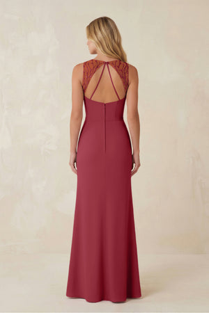 Round Neck Sheath Chiffon Appliqued Bridesmaid Dress in Merlot (2) | KISSBRIDAL