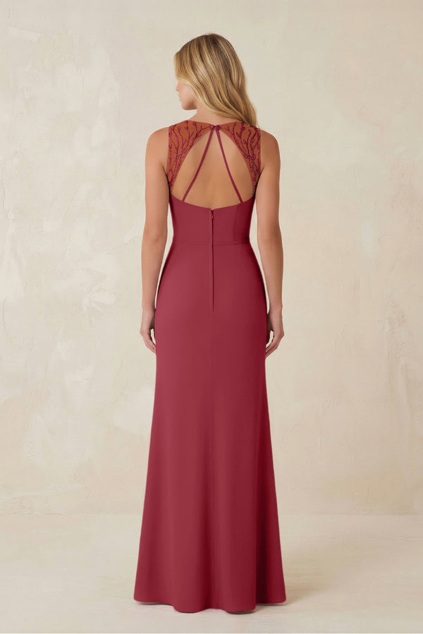 Round Neck Sheath Chiffon Appliqued Bridesmaid Dress in Merlot (2) | KISSBRIDAL