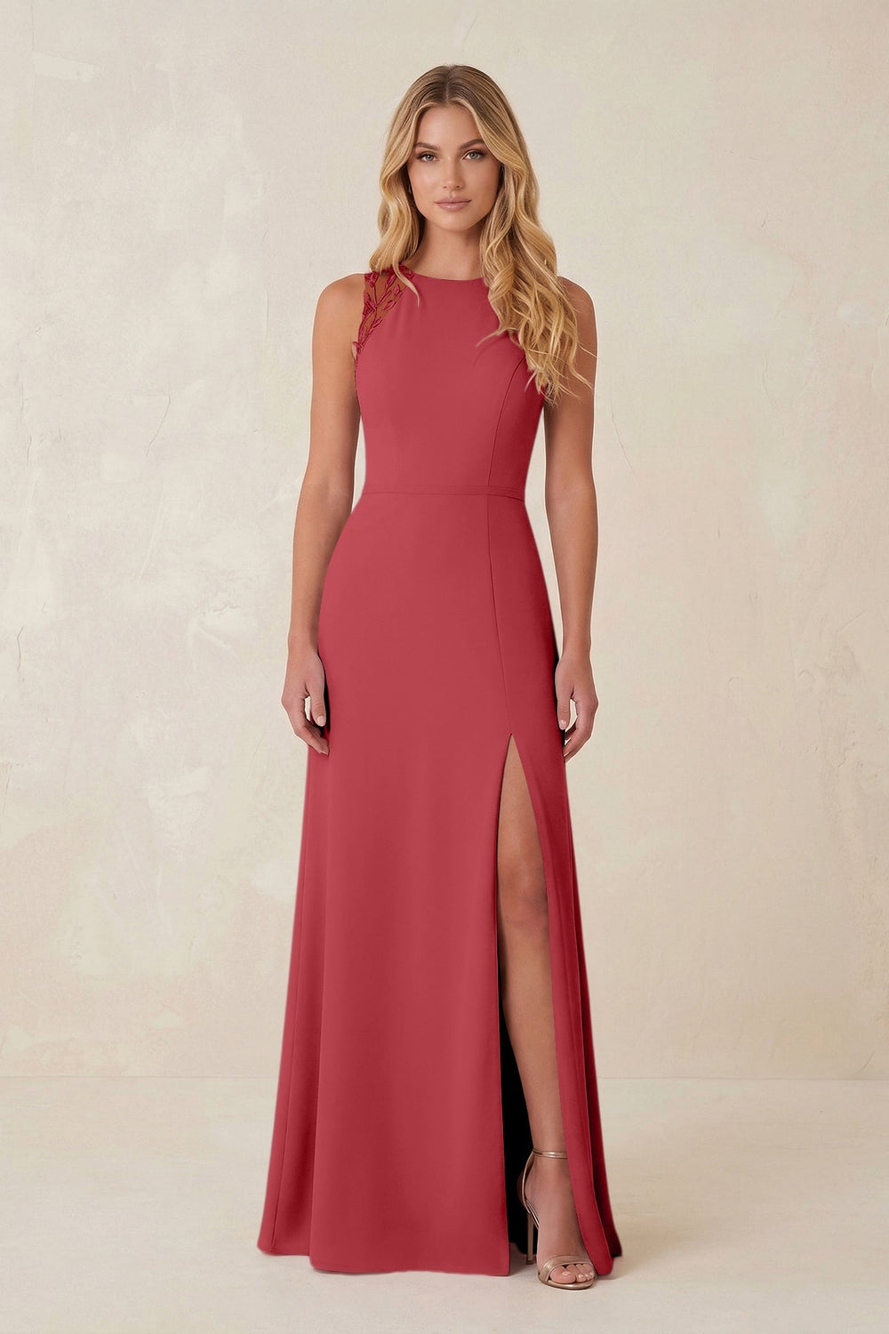 Round Neck Sheath Chiffon Appliqued Bridesmaid Dress in Merlot - KISS BRIDAL Bridesmaid Dresses