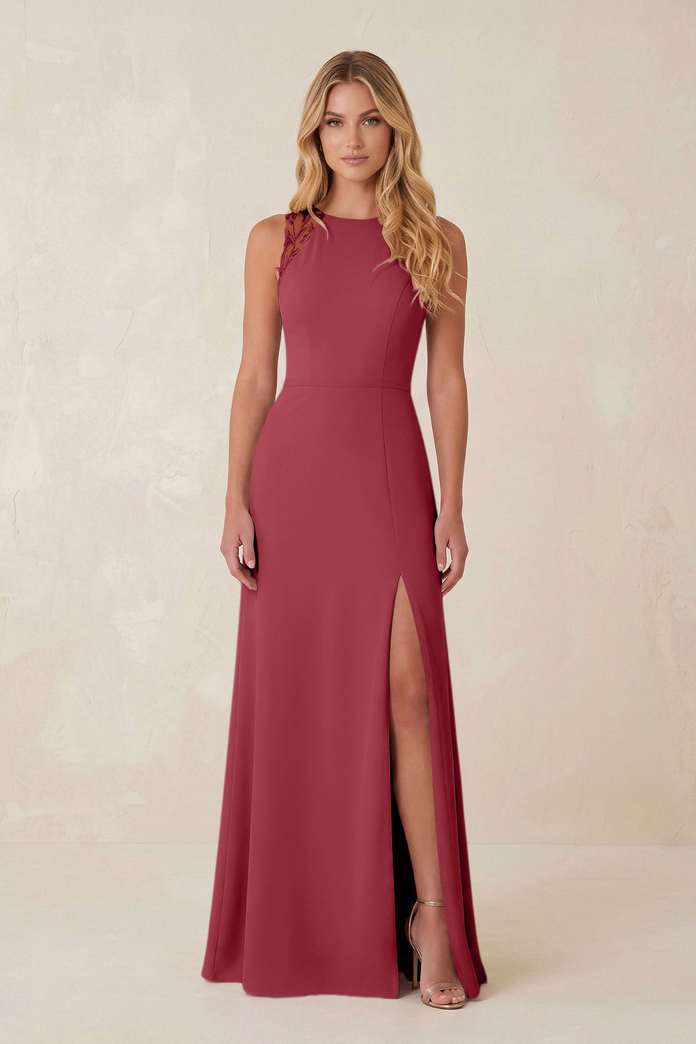 Round Neck Sheath Chiffon Appliqued Bridesmaid Dress in Merlot