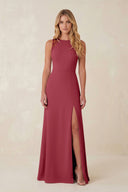 Round Neck Sheath Chiffon Appliqued Bridesmaid Dress in Merlot | KISSBRIDAL
