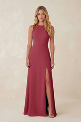 Round Neck Sheath Chiffon Appliqued Bridesmaid Dress in Merlot | KISSBRIDAL