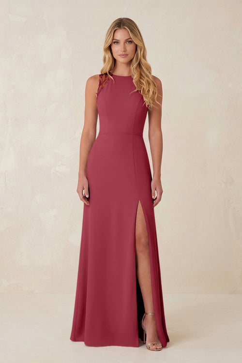 Round Neck Sheath Chiffon Appliqued Bridesmaid Dress in Merlot | KISSBRIDAL