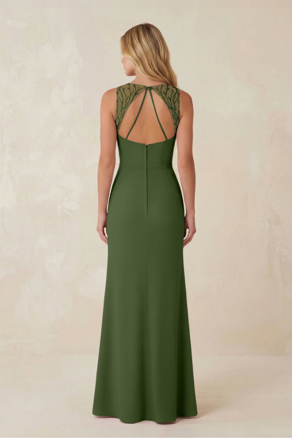 Round Neck Sheath Chiffon Appliqued Bridesmaid Dress in Moss