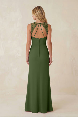 Round Neck Sheath Chiffon Appliqued Bridesmaid Dress in Moss (2) | KISSBRIDAL