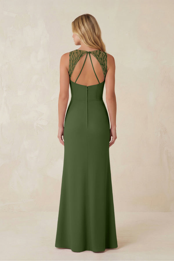 Round Neck Sheath Chiffon Appliqued Bridesmaid Dress in Moss (2) | KISSBRIDAL