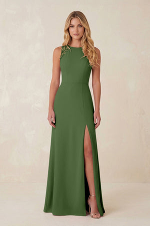 Round Neck Sheath Chiffon Appliqued Bridesmaid Dress in Moss - KISS BRIDAL Bridesmaid Dresses