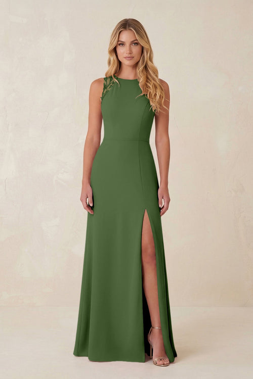 Round Neck Sheath Chiffon Appliqued Bridesmaid Dress in Moss - KISS BRIDAL Bridesmaid Dresses