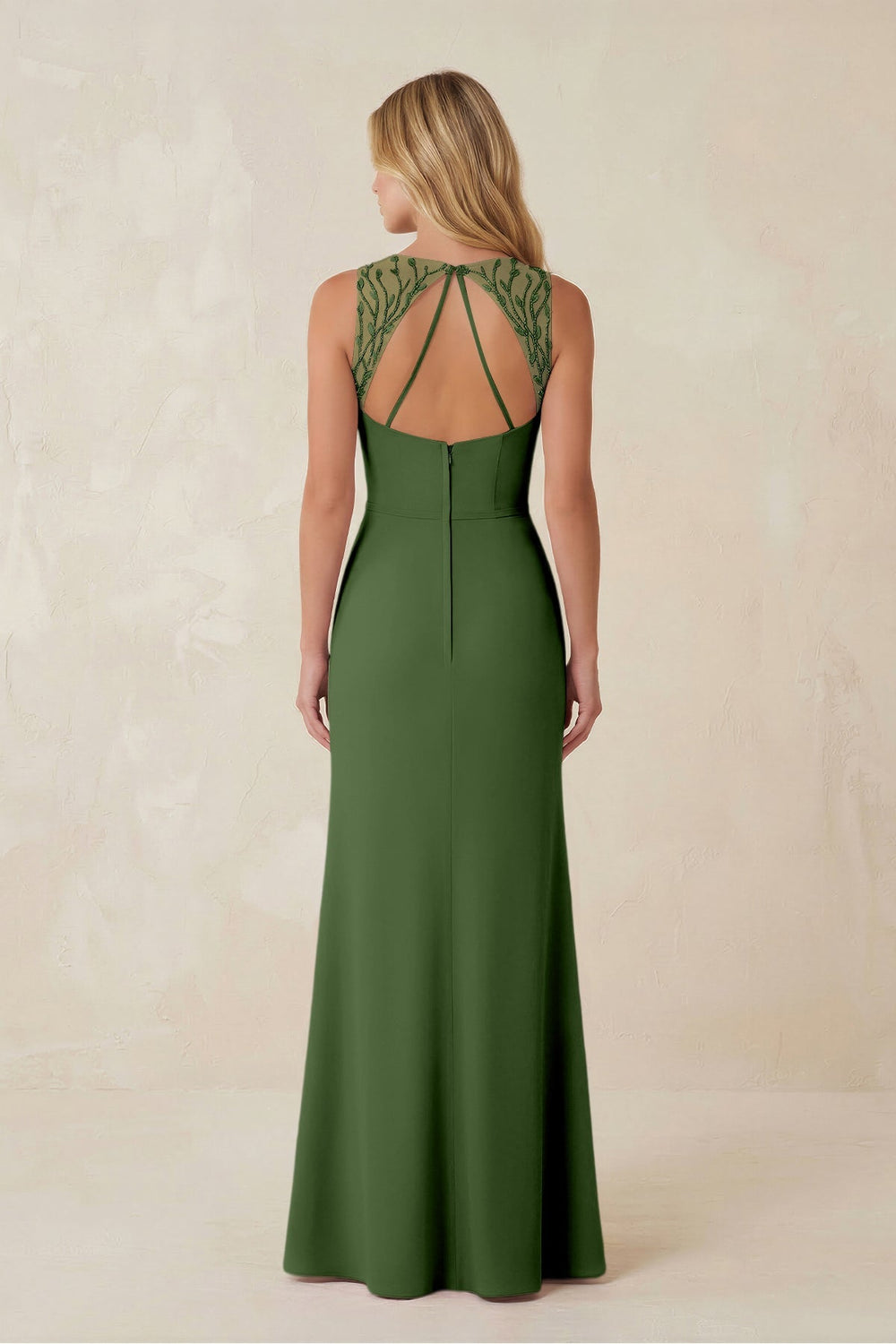 Round Neck Sheath Chiffon Appliqued Bridesmaid Dress in Moss - KISS BRIDAL Bridesmaid Dresses