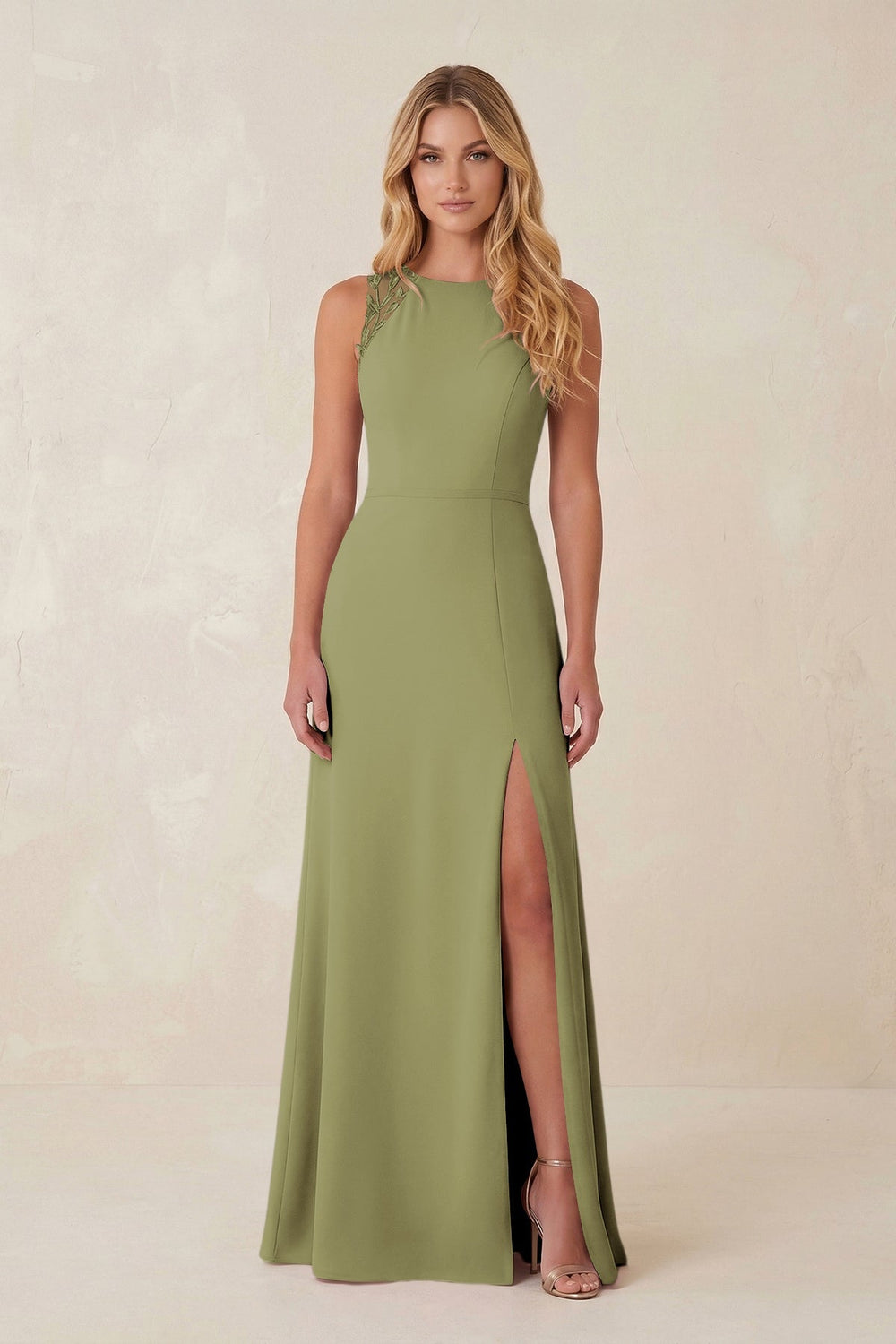 Round Neck Sheath Chiffon Appliqued Bridesmaid Dress in Moss Green - KISS BRIDAL Bridesmaid Dresses