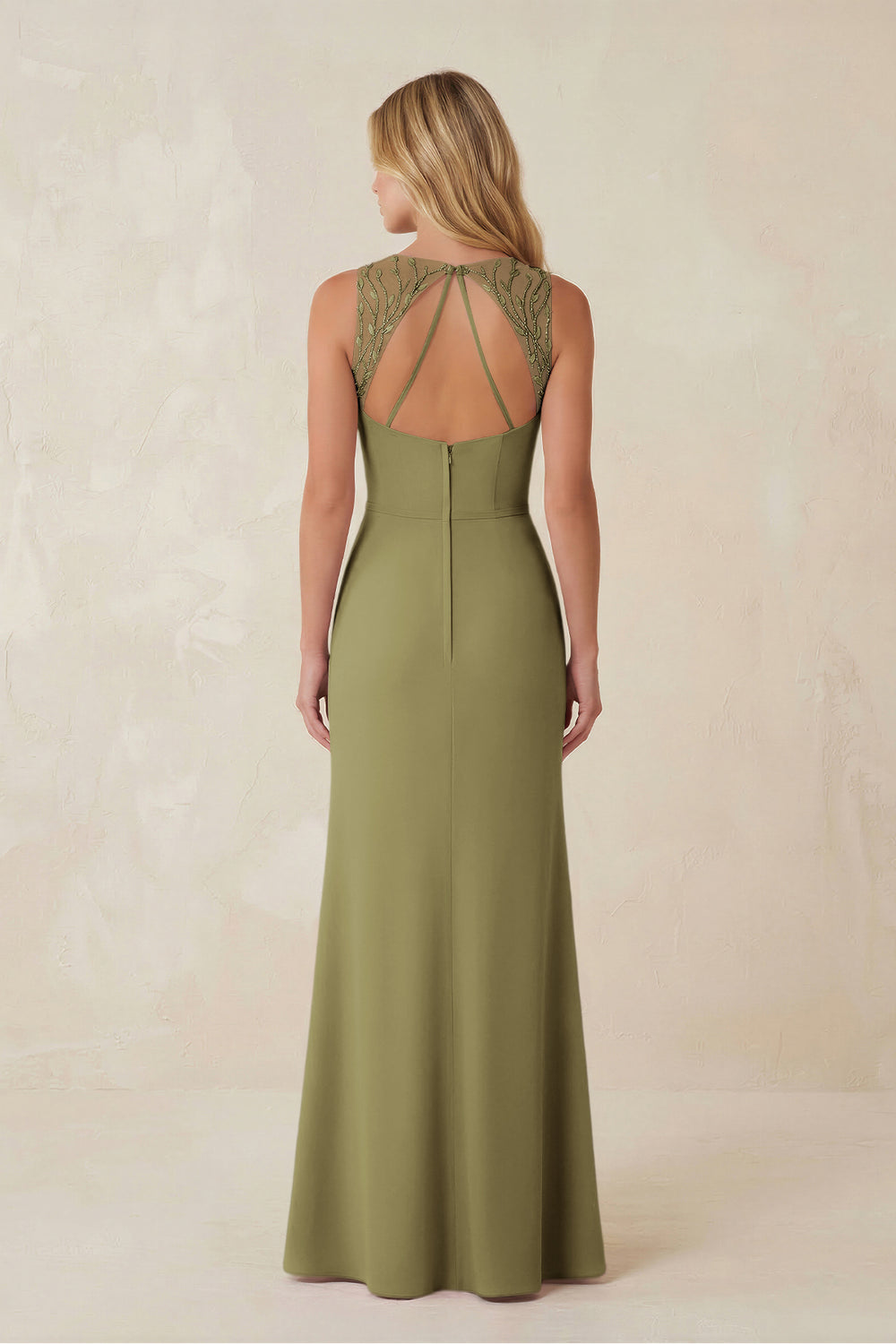 Round Neck Sheath Chiffon Appliqued Bridesmaid Dress in Moss Green