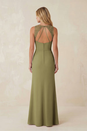 Round Neck Sheath Chiffon Appliqued Bridesmaid Dress in Moss Green (2) | KISSBRIDAL