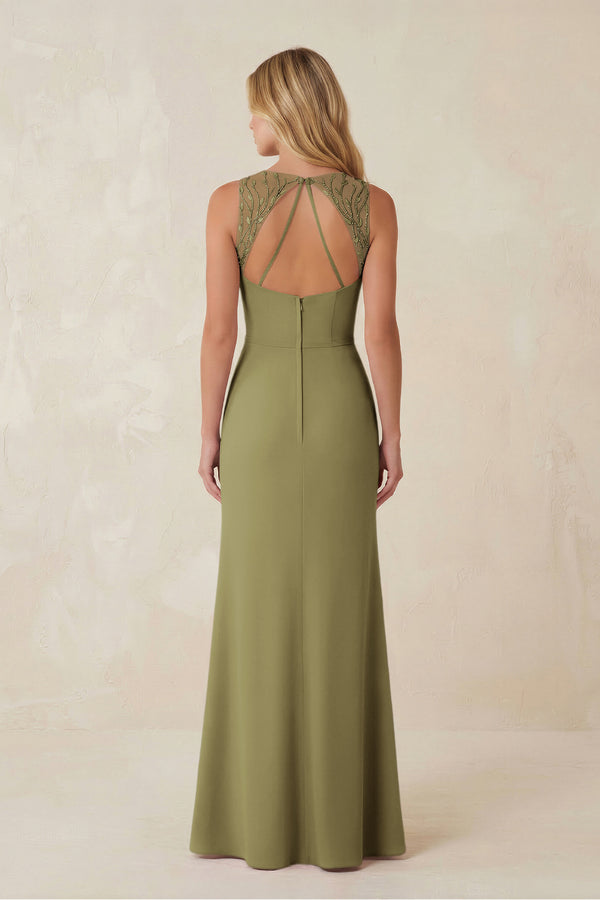 Round Neck Sheath Chiffon Appliqued Bridesmaid Dress in Moss Green (2) | KISSBRIDAL