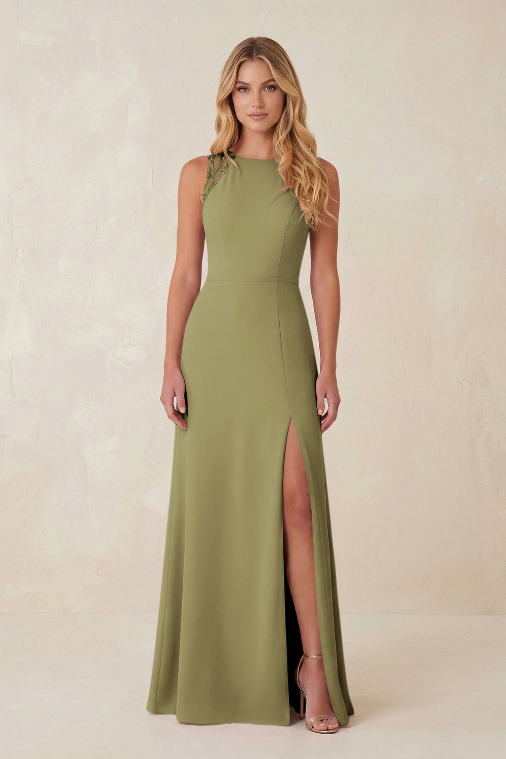 Round Neck Sheath Chiffon Appliqued Bridesmaid Dress in Moss Green