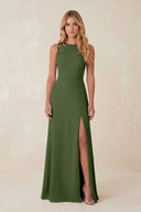 Round Neck Sheath Chiffon Appliqued Bridesmaid Dress in Moss | KISSBRIDAL