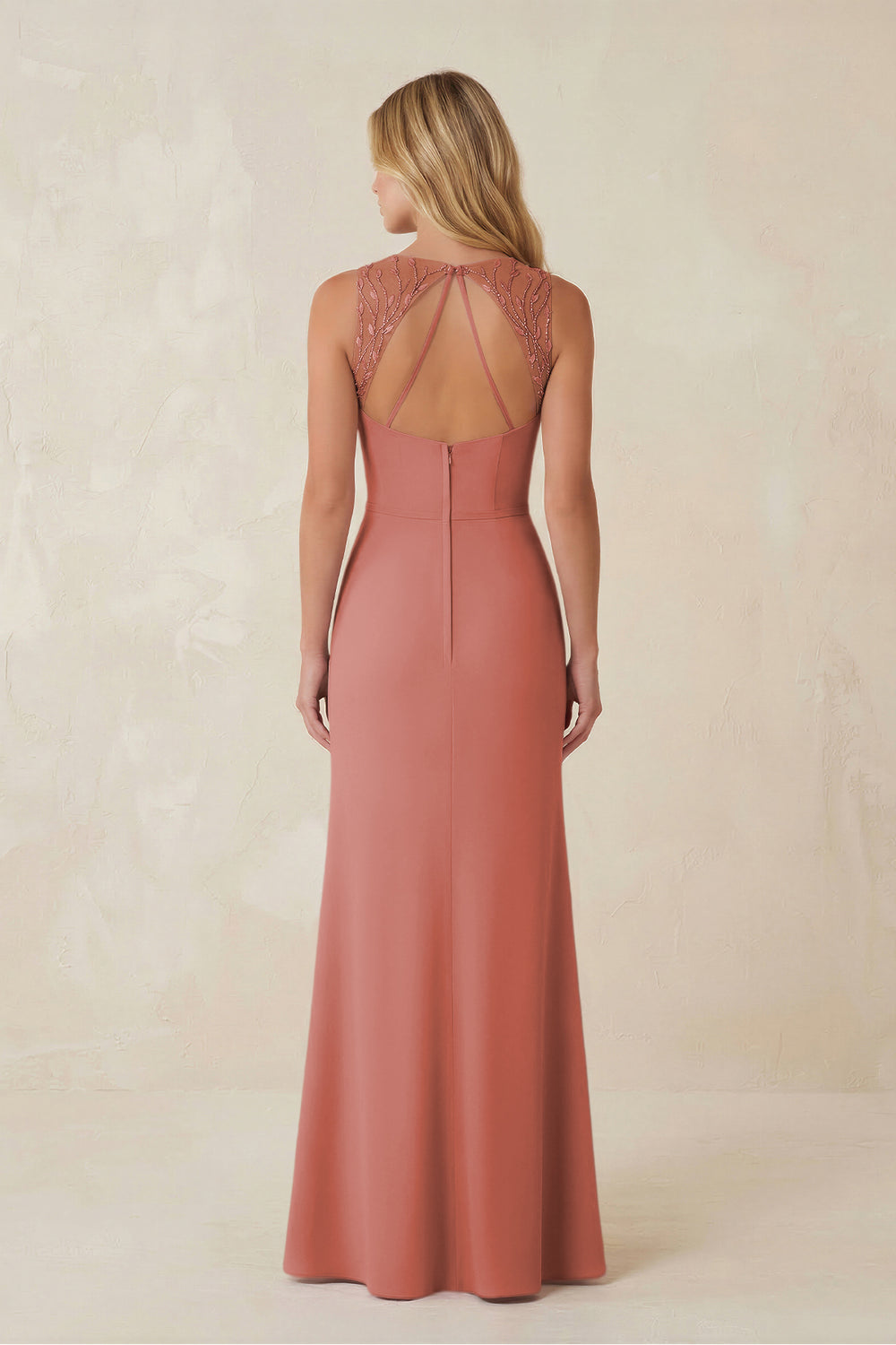 Round Neck Sheath Chiffon Appliqued Bridesmaid Dress in Mulberry