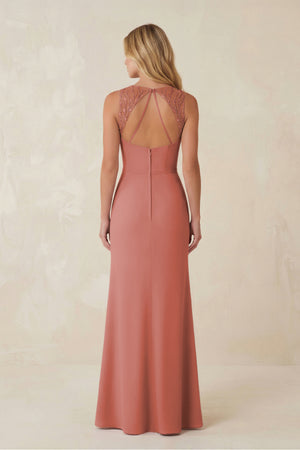Round Neck Sheath Chiffon Appliqued Bridesmaid Dress in Mulberry (2) | KISSBRIDAL