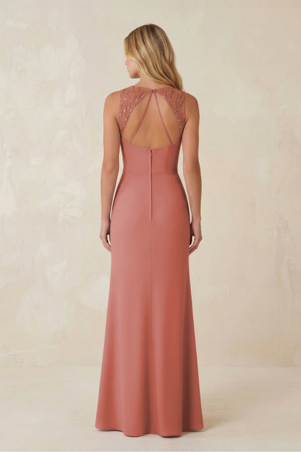 Round Neck Sheath Chiffon Appliqued Bridesmaid Dress in Mulberry (2) | KISSBRIDAL