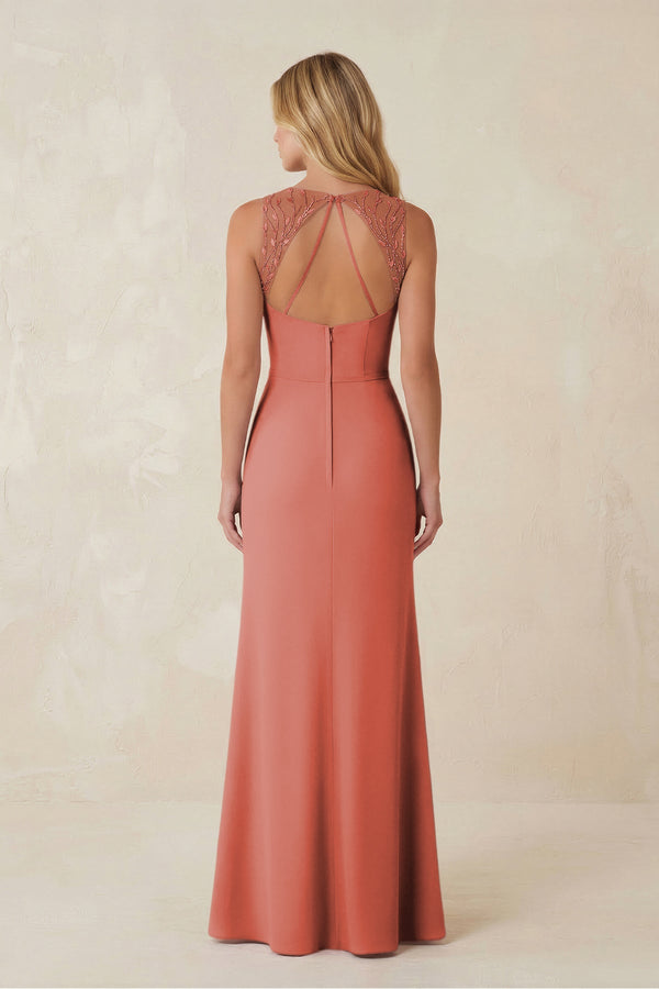 Round Neck Sheath Chiffon Appliqued Bridesmaid Dress in Mulberry - KISS BRIDAL Bridesmaid Dresses