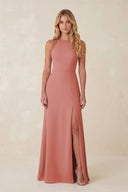 Round Neck Sheath Chiffon Appliqued Bridesmaid Dress in Mulberry | KISSBRIDAL