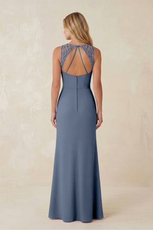 Round Neck Sheath Chiffon Appliqued Bridesmaid Dress in Neptune - KISS BRIDAL Bridesmaid Dresses